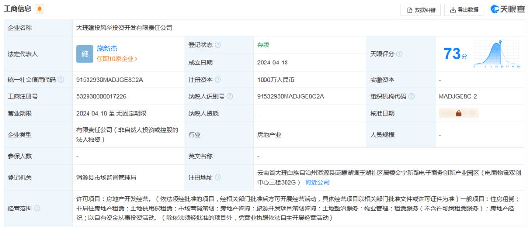 大理州建投新成立一家房地产开发公司，注册资本1000万元人民币